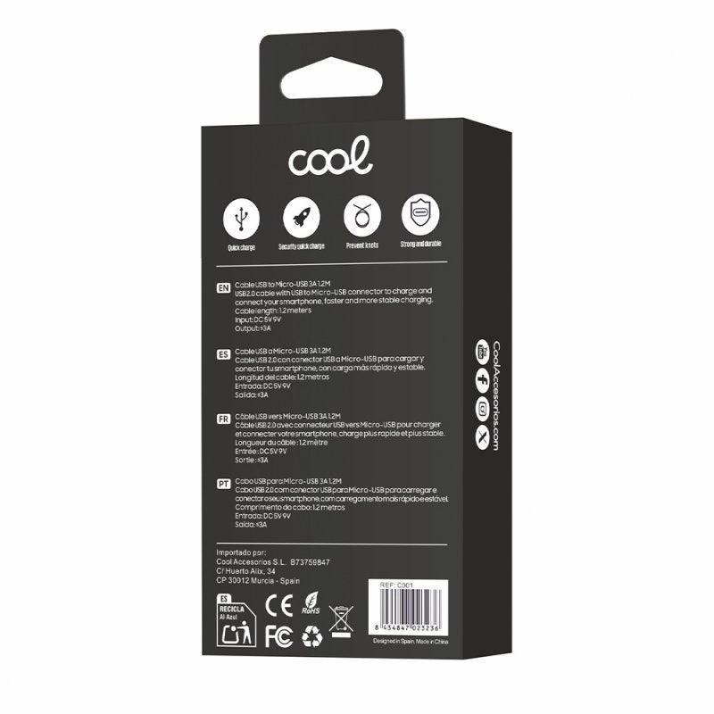 Cable USB Compatible COOL Universal (micro-usb) 1.2 metros Negro 2.4 Amp