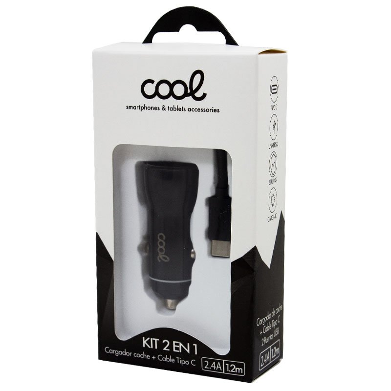 Câble de chargeur de voiture Type C (2 x USB) COOL 2,4 A Kit 2 en 1 Noir