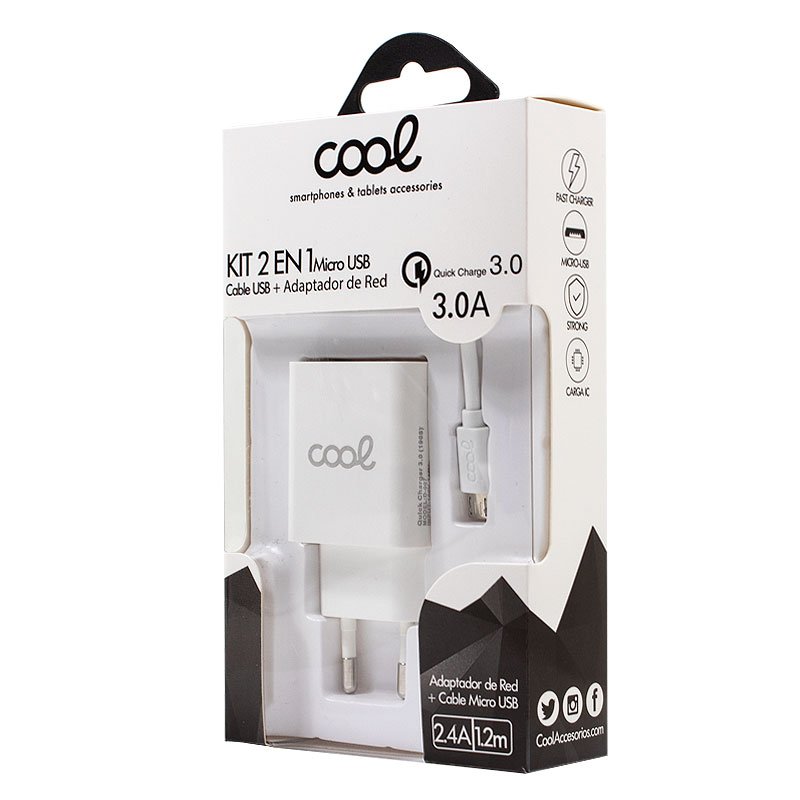 Chargeur universel micro-USB 3 A (charge rapide) Kit 2 en 1 COOL Blanc