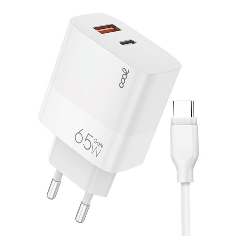 Chargeur universel ultra rapide PD Type-C + USB COOL (65 W + câble Type-C) GaN blanc