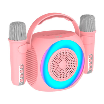 Enceinte Bluetooth universelle 6 W, mini karaoké, fête, 2 microphones, rose
