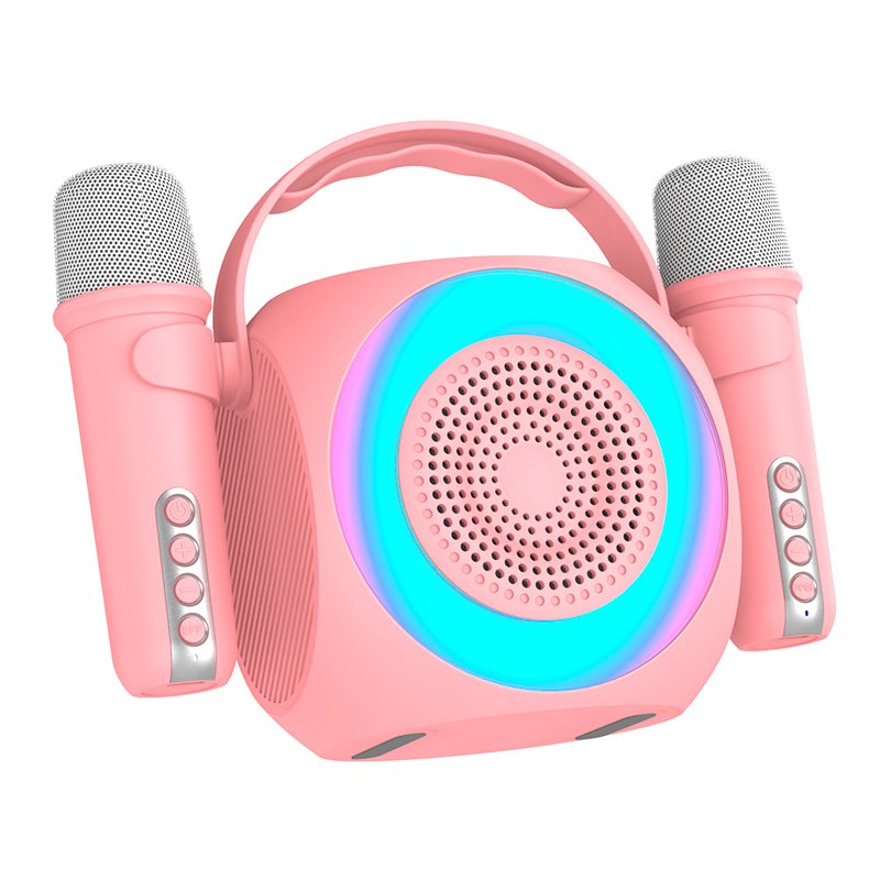 Enceinte Bluetooth universelle 6 W, mini karaoké, fête, 2 microphones, rose