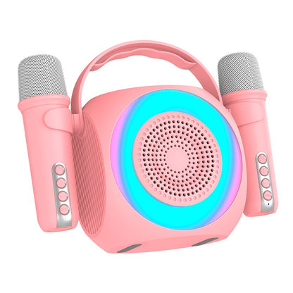 Enceinte Bluetooth universelle 6 W, mini karaoké, fête, 2 microphones, rose