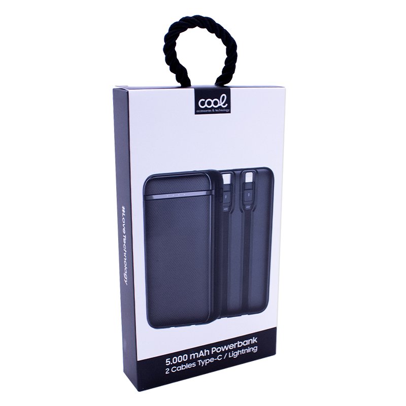 Batterie externe Power Bank 5000 mAh COOL (2 câbles : TYPE C / Lightning) Noir