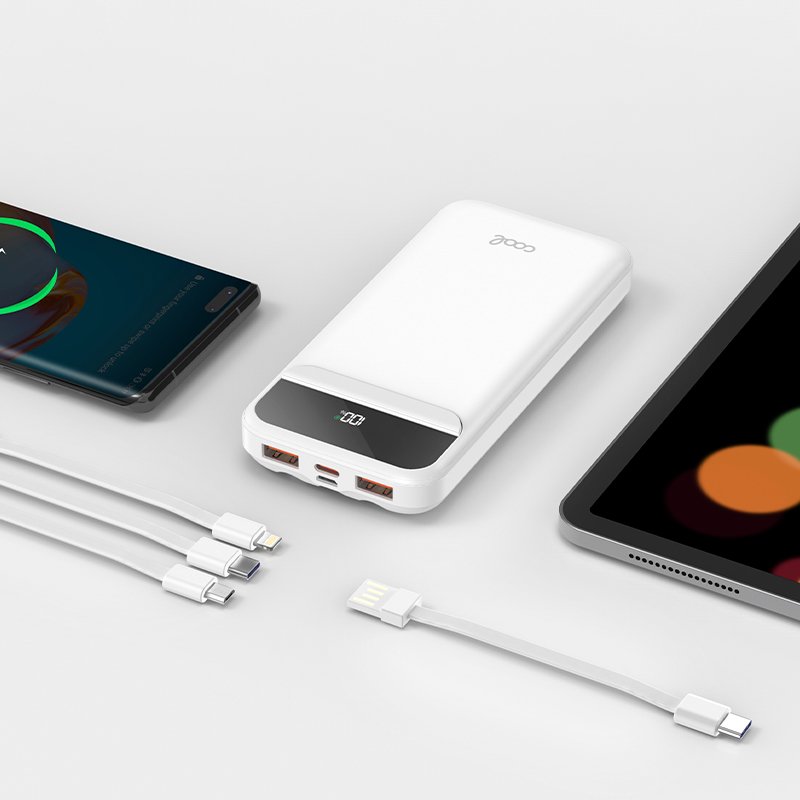 Batterie externe universelle Power Bank 10 000 mAh, charge rapide 22,5 W (3 câbles), blanche