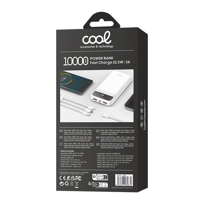 Batterie externe universelle Power Bank 10 000 mAh, charge rapide 22,5 W (3 câbles), blanche