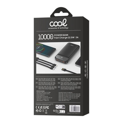Batterie externe universelle Power Bank 10 000 mAh, charge rapide 22,5 W (3 câbles), noire