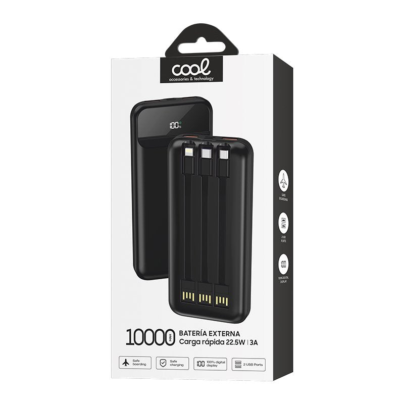 Batterie externe universelle Power Bank 10 000 mAh, charge rapide 22,5 W (3 câbles), noire