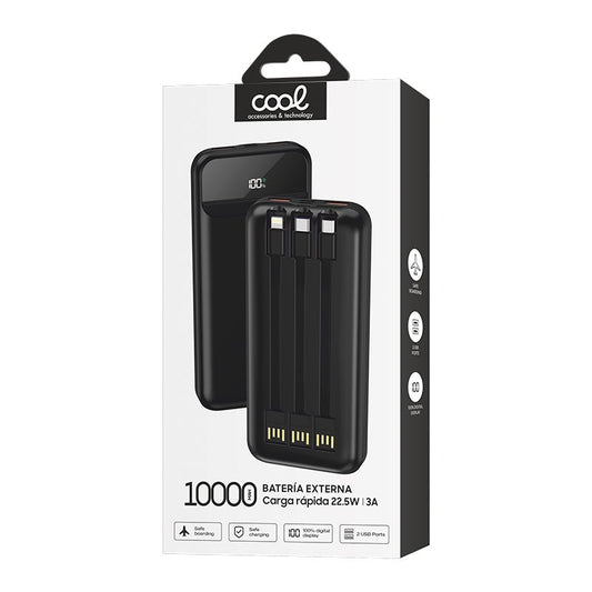Batterie externe universelle Power Bank 10 000 mAh, charge rapide 22,5 W (3 câbles), noire