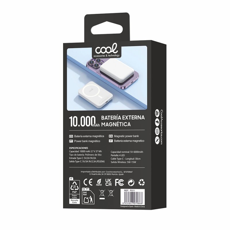 Bateria Externa Universal Power Bank 10.000 mAh Magnética COOL Blanco
