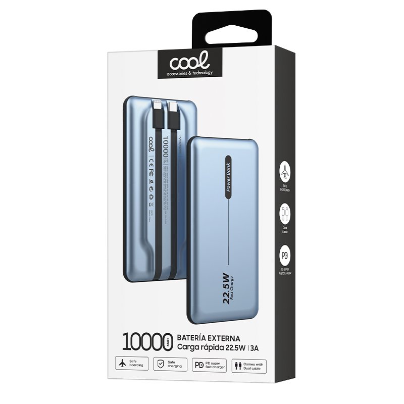 Batterie externe universelle Power Bank 10 000 mAh PD 22,5 W (2 câbles) Bleu