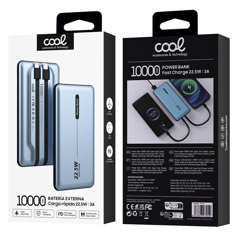 Batterie externe universelle Power Bank 10 000 mAh PD 22,5 W (2 câbles) Bleu