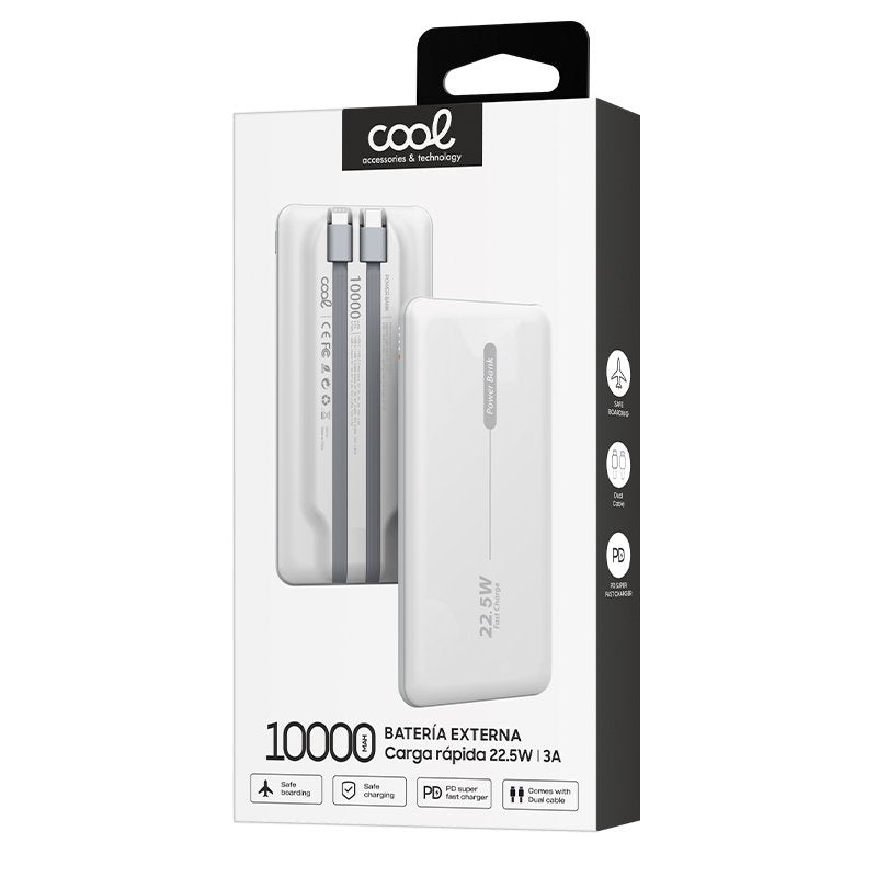 Batterie externe universelle Power Bank 10 000 mAh PD 22,5 W (2 câbles) Blanc