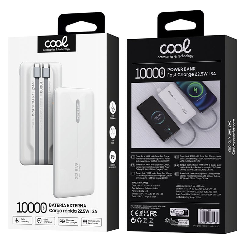 Batterie externe universelle Power Bank 10 000 mAh PD 22,5 W (2 câbles) Blanc