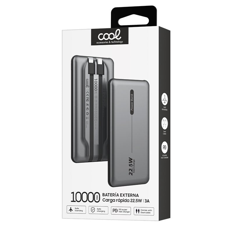 Batterie externe universelle Power Bank 10 000 mAh PD 22,5 W (2 câbles) Gris