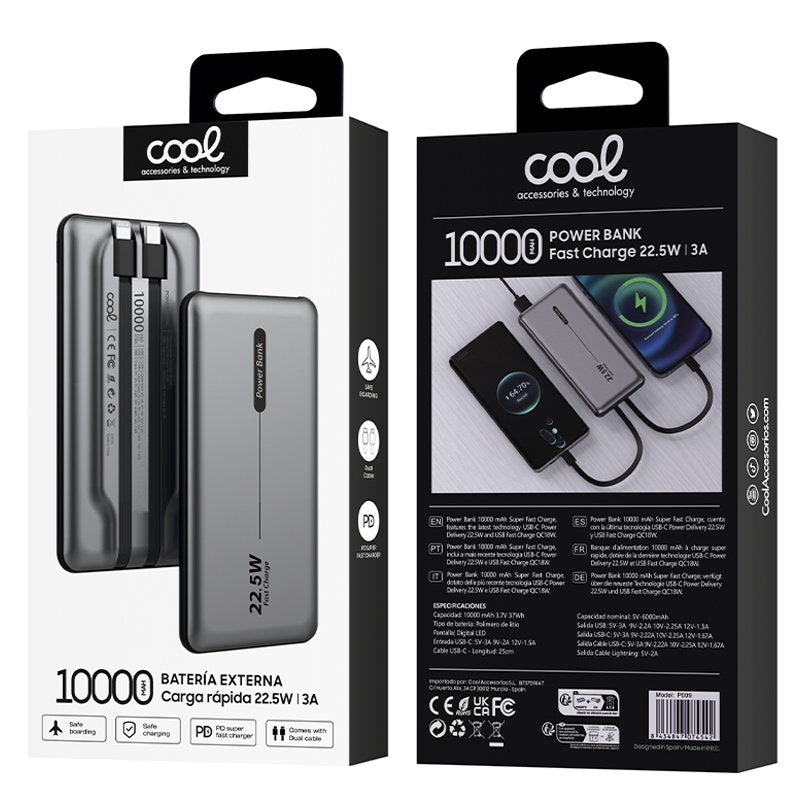 Batterie externe universelle Power Bank 10 000 mAh PD 22,5 W (2 câbles) Gris