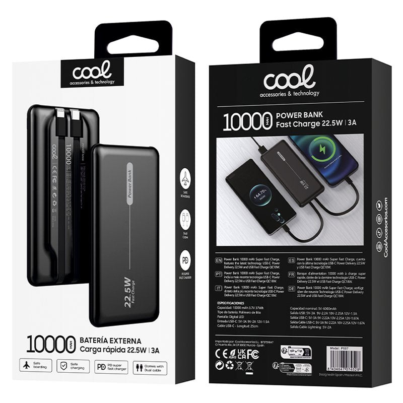 Batterie externe universelle Power Bank 10 000 mAh PD 22,5 W (2 câbles) Noir