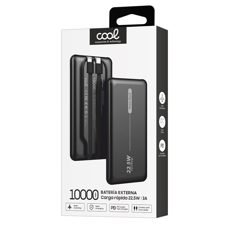 Batterie externe universelle Power Bank 10 000 mAh PD 22,5 W (2 câbles) Noir