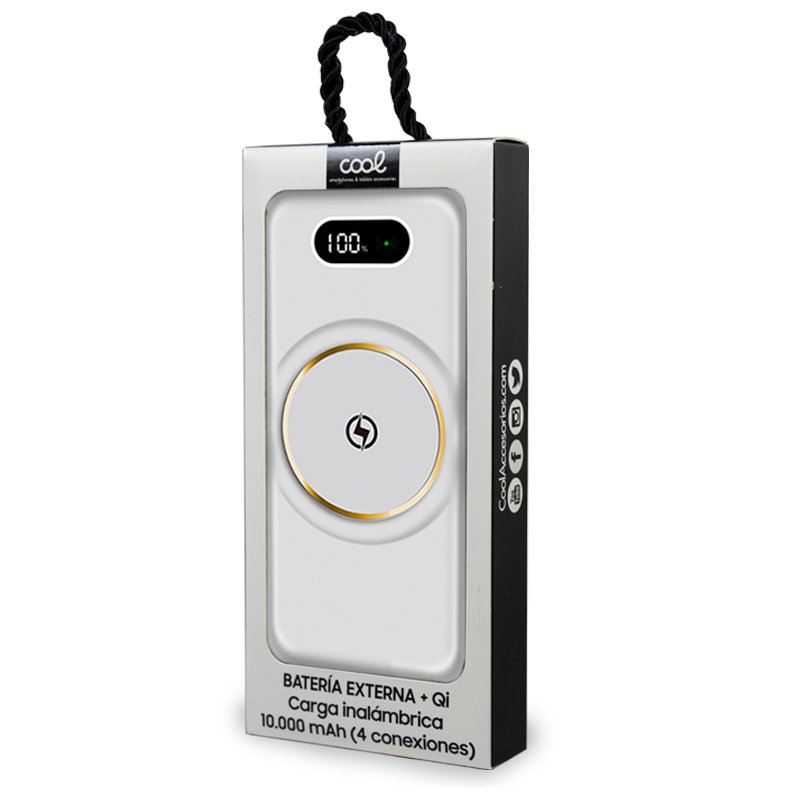 Batterie externe universelle 10 000 mAh avec recharge sans fil Qi (4 connexions) Blanc