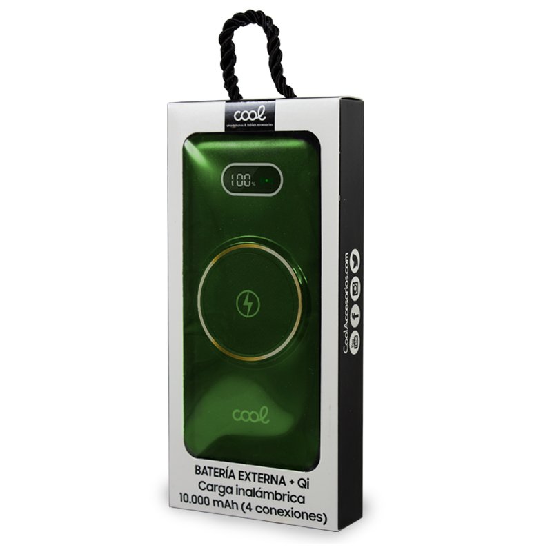 Batterie externe universelle Power Bank 10 000 mAh + chargement sans fil Qi (4 connexions) Vert