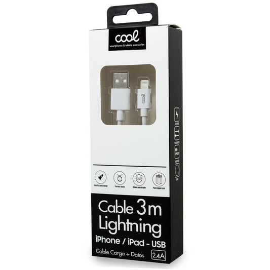 Câble USB compatible Lightning COOL pour iPhone/iPad (3 mètres) Blanc