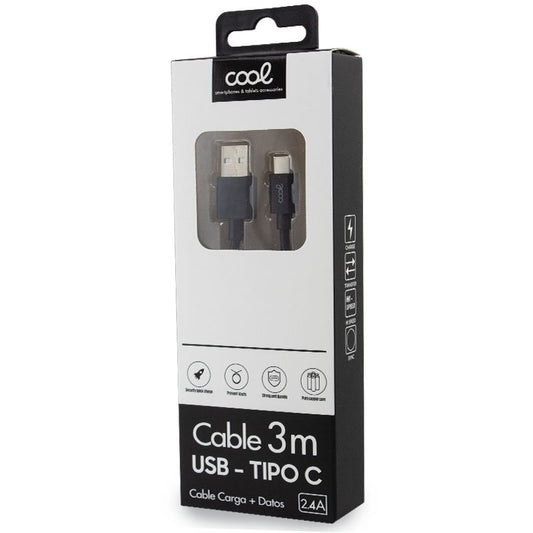 Câble USB universel compatible COOL TYPE-C (3 mètres) noir 2,4 A