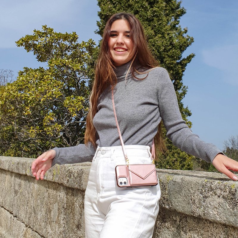 Étui portefeuille tendance pour iPhone 12 mini avec pendentif rose