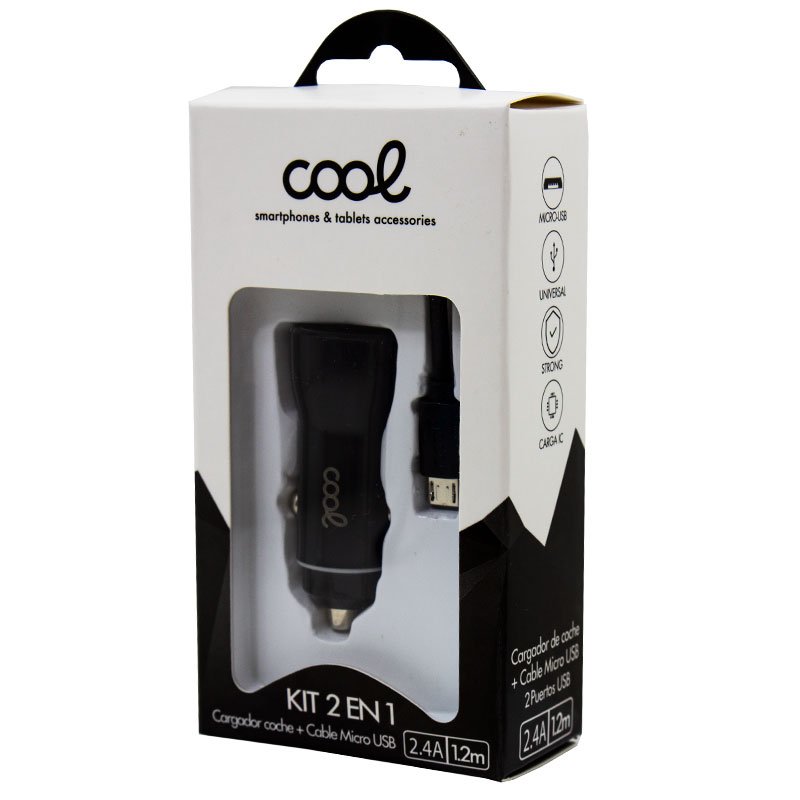 Chargeur de voiture avec câble micro USB (2 x USB) COOL 2,4 A Kit 2 en 1 Noir