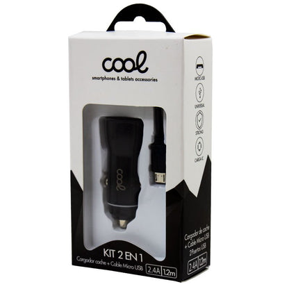 Chargeur de voiture avec câble micro USB (2 x USB) COOL 2,4 A Kit 2 en 1 Noir