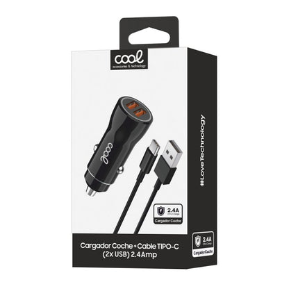 Cargador Coche Cable Tipo C (2 x Usb) COOL 2.4A Kit 2 en 1 Negro