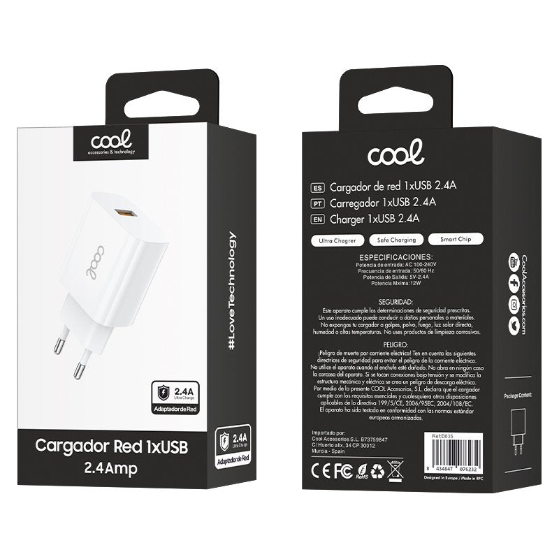 Adaptateur secteur 1x USB Universal COOL (2,4 A) Blanc