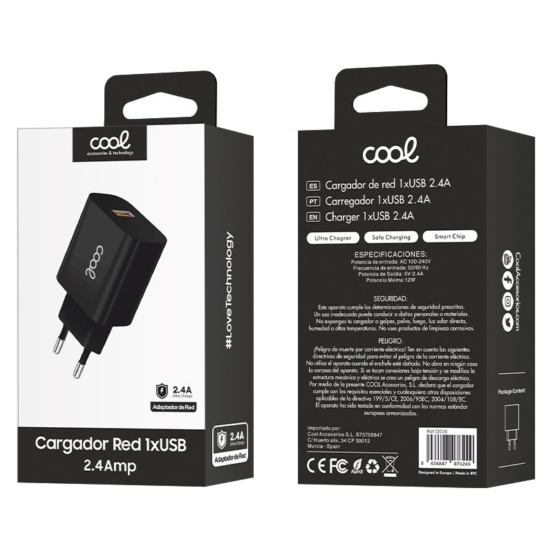 Adaptateur réseau universel COOL 1x USB (2,4 A) noir