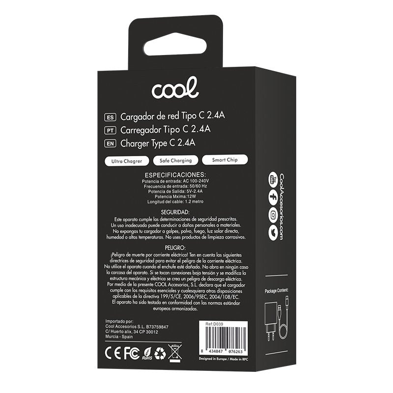Chargeur réseau avec connecteur Type-C (2,4 A) Kit COOL universel 2 en 1 Noir