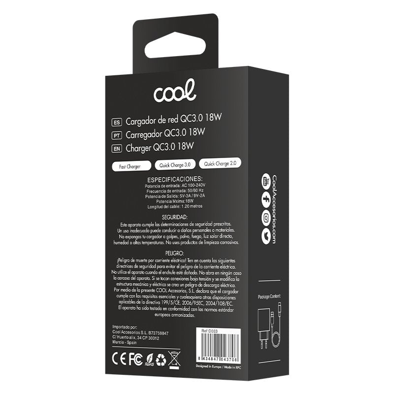Cargador Red Conector Tipo-C Universal 3Amp (Carga Rápida) COOL Kit 2 en 1 Negro