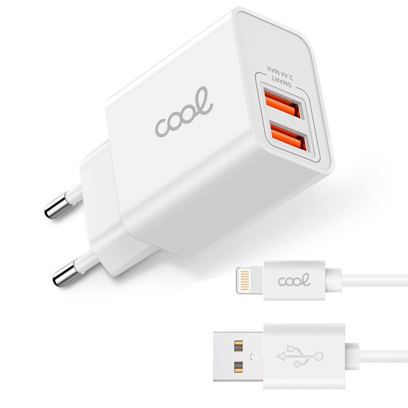 Chargeur réseau COOL pour iPhone 2 x USB + câble Lightning 1,2 m (2,4 A)