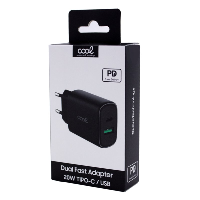 Cargador Red Universal Fast Charger (PD) Dual Tipo-C / USB COOL (20W) Negro
