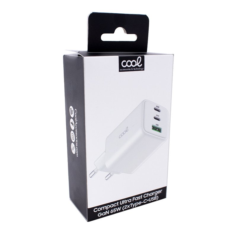 Chargeur réseau universel ultra rapide PD Port x3 (2x Type-C + 1x USB) COOL (65 W) GaN Blanc