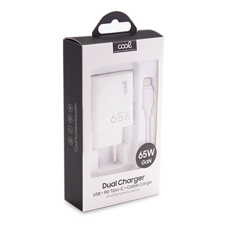 Chargeur universel ultra rapide PD Type-C + USB COOL (65 W + câble Type-C) GaN blanc