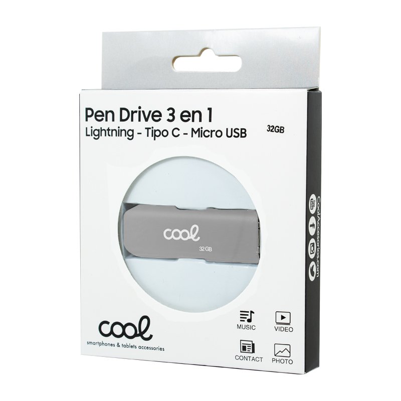 Clé USB 32 Go Cool (3 en 1) Lightning / Type-C / USB Gris
