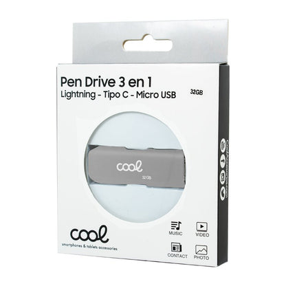 Clé USB 32 Go Cool (3 en 1) Lightning / Type-C / USB Gris