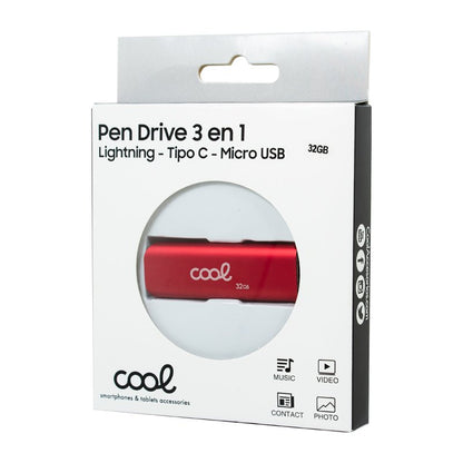 Clé USB 32 Go Cool (3 en 1) Lightning / Type-C / USB Rouge