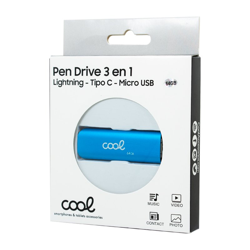 Clé USB 64 Go Cool (3 en 1) Lightning / Type-C / USB Bleu