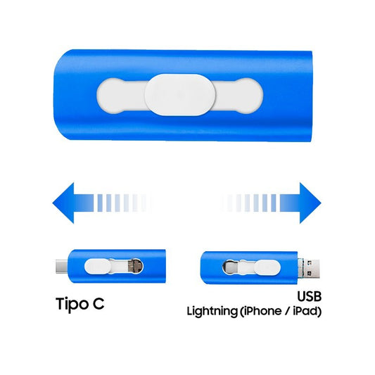 Clé USB 64 Go Cool (3 en 1) Lightning / Type-C / USB Bleu