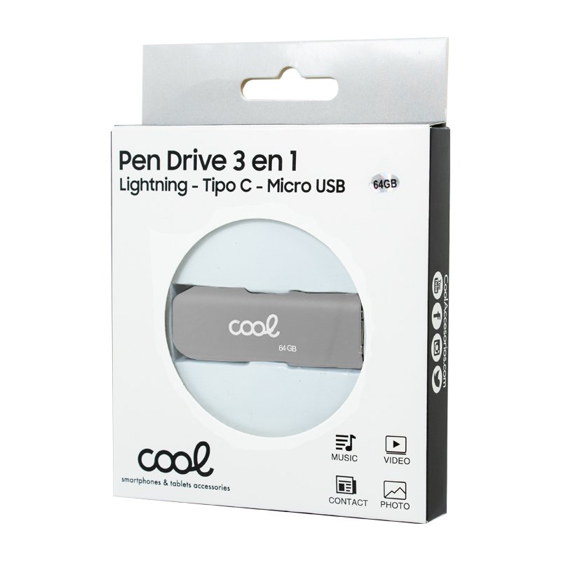 Clé USB 64 Go Cool (3 en 1) Lightning / Type-C / USB Gris