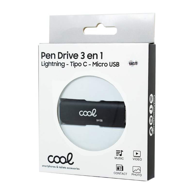 Clé USB 64 Go Cool (3 en 1) Lightning / Type-C / USB Noir
