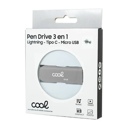 Clé USB 128 Go Cool (3 en 1) Lightning / Type-C / USB Gris