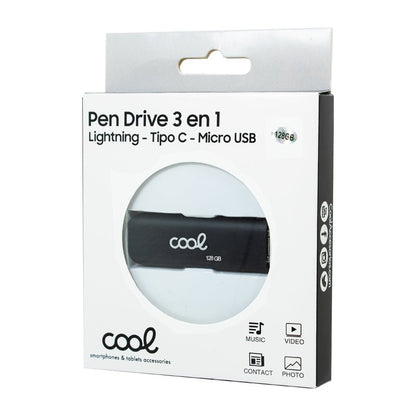 Clé USB 128 Go Cool (3 en 1) Lightning / Type-C / USB Noir