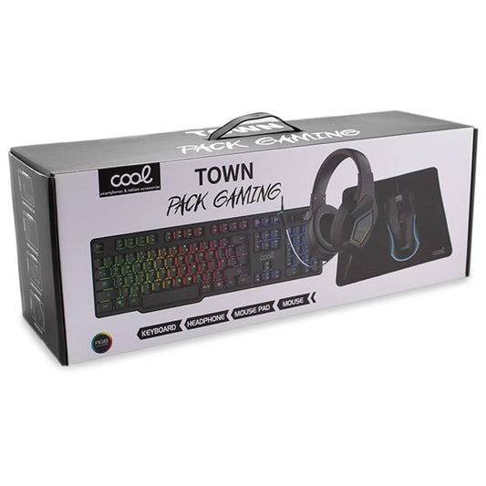 Pack clavier de jeu USB Cool Town en espagnol + casque + souris + tapis de souris